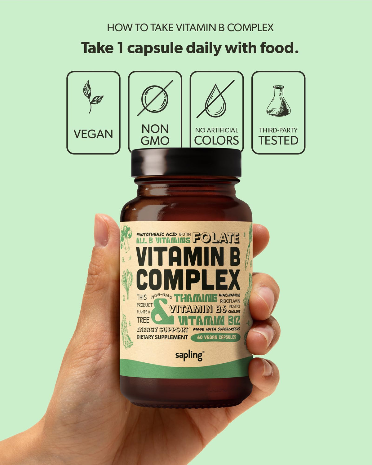 sapling Vegan Vitamin B Complex Whole Food Blend - 60 Capsules - image 5
