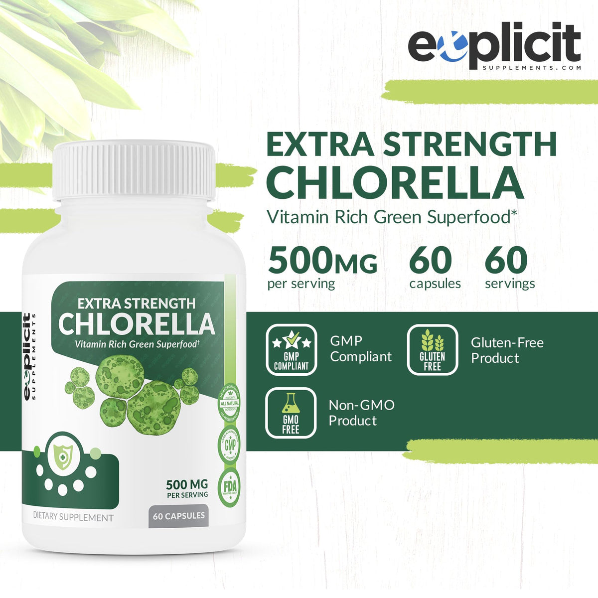 eXplicit Supplements Chlorella Superfood Capsules 1000mg - 60 Capsules - image 2