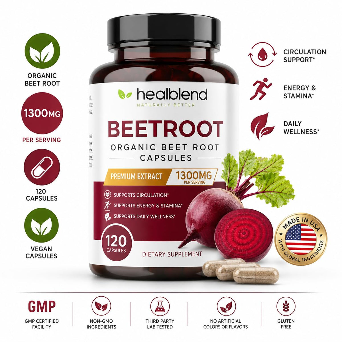 Healblend Organic Beet Root Capsules 1300mg - 120 Count - image 2