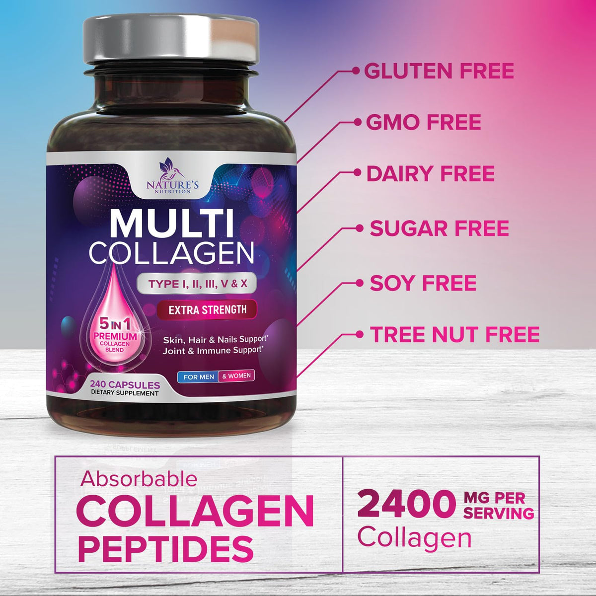 Nature's Nutrition Multi Collagen Complex Pills - Hydrolyzed Collagen