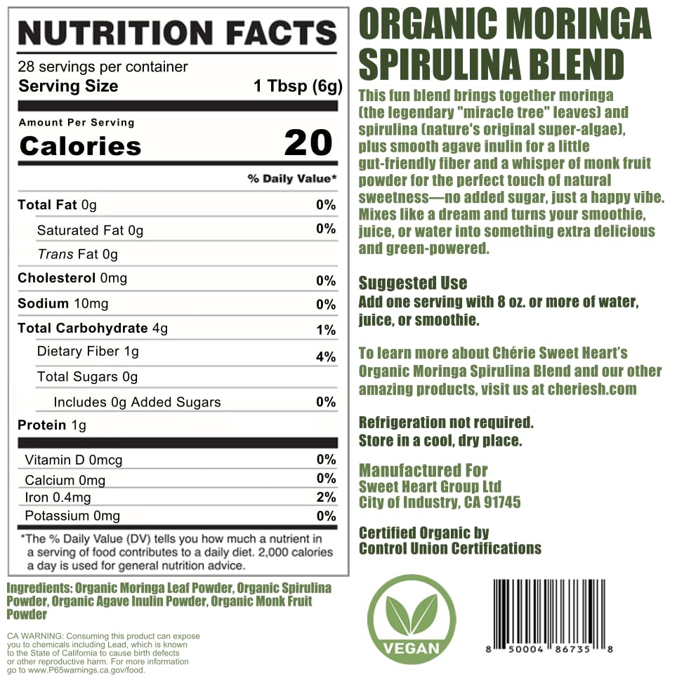 Chérie Sweet Heart Organic Moringa & Spirulina Powder for Energy - 6 oz - image 2