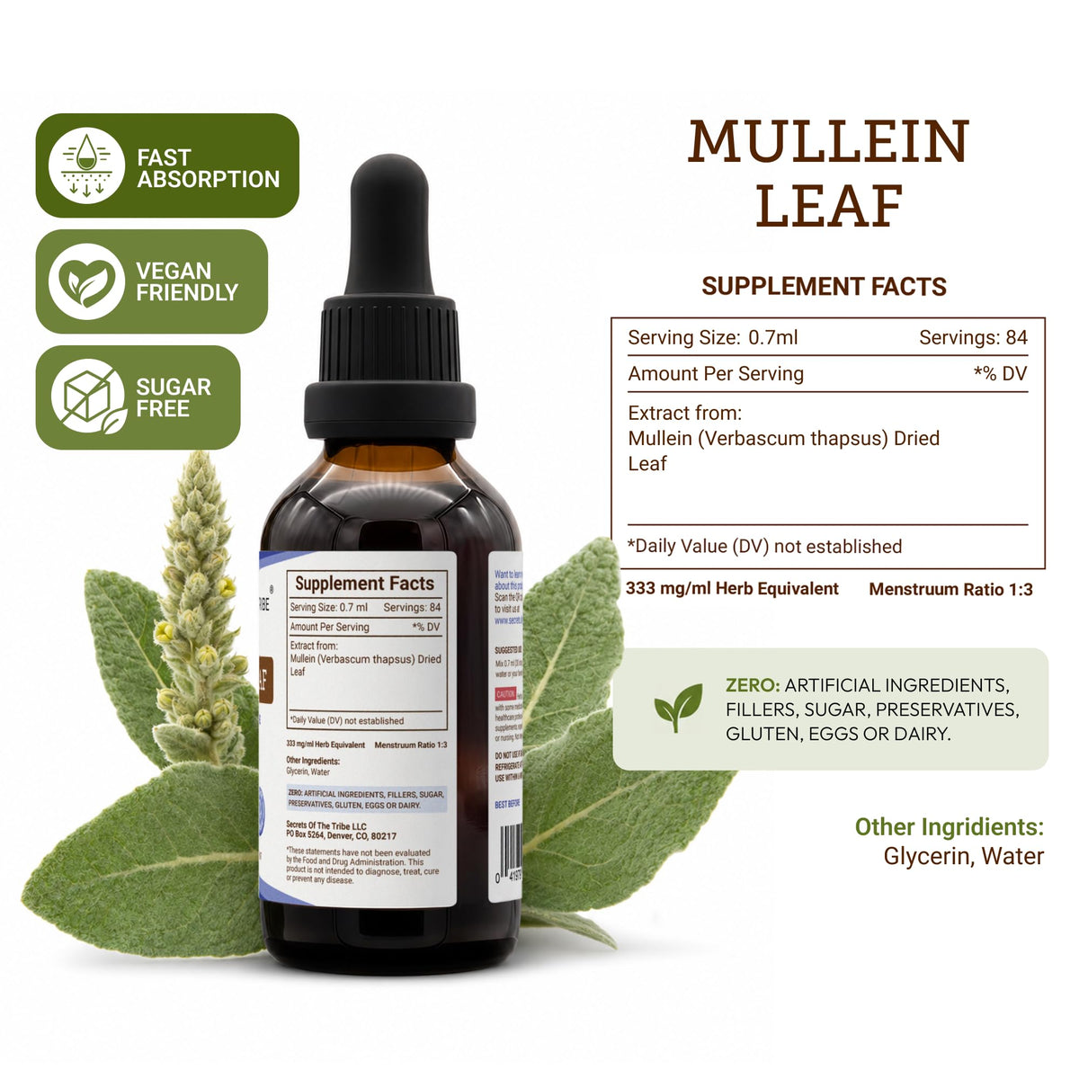Secrets of the Tribe Mullein Leaf Tincture Alcohol-Free Liquid Extract