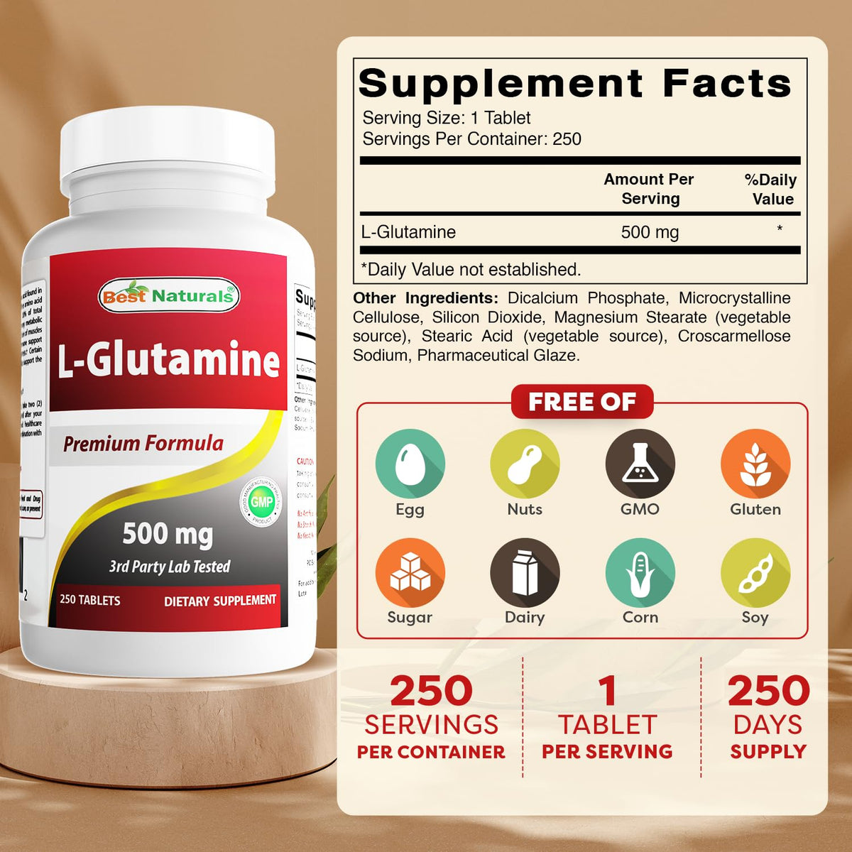 Best Naturals L-Glutamine 500 mg - 250 Tablets - image 2