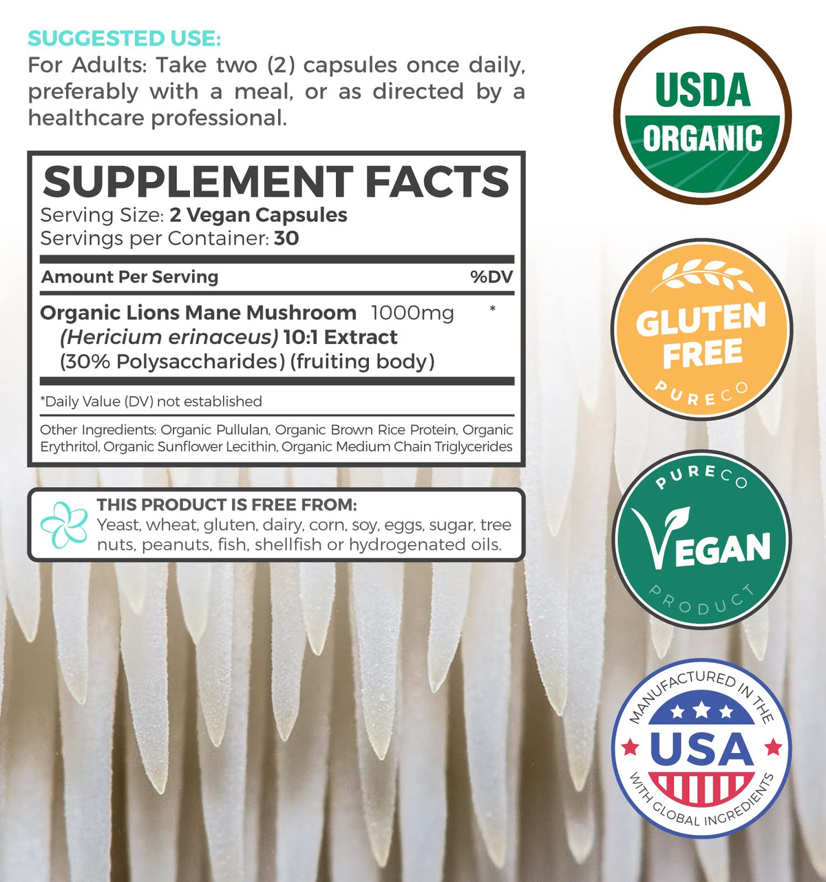 PURE CO Organic Lion's Mane Supplement - 1000mg 10:1 Extract - 60 Capsules - image 2