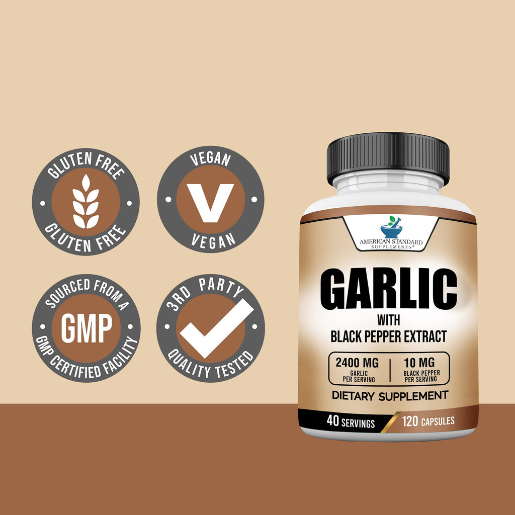 American Standard Supplements Garlic 2400mg with Black Pepper - 120 Capsules - image 6