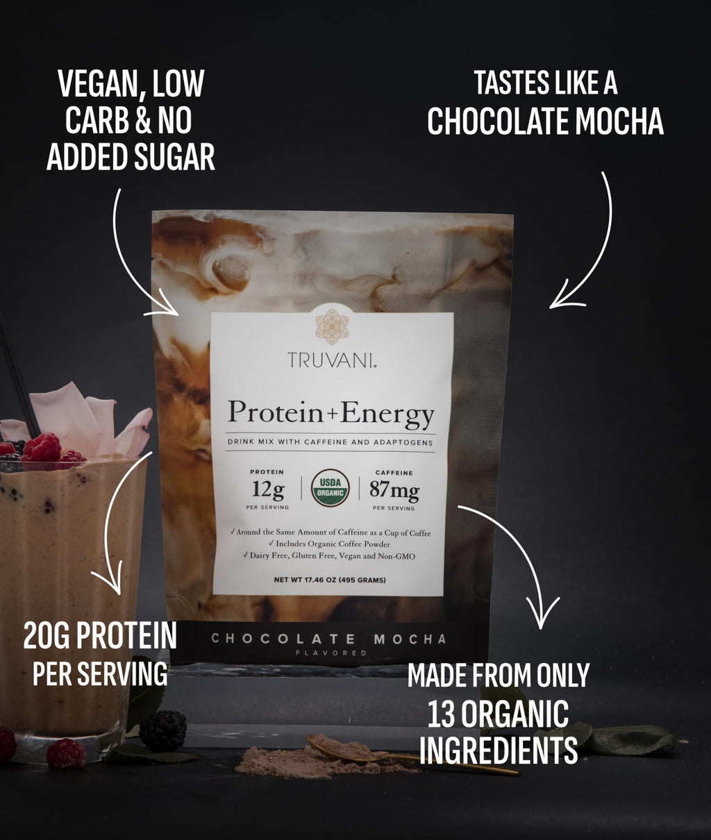Truvani Protein + Energy Chocolate Mocha Plant-Based - 20 Servings - image 3