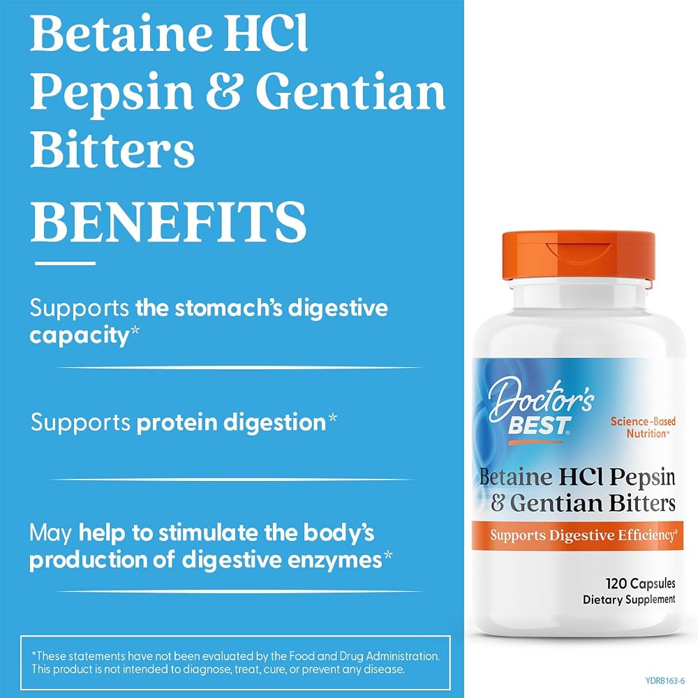 Doctor's Best Betaine HCl Pepsin & Gentian Bitters - 120 Capsules - image 2
