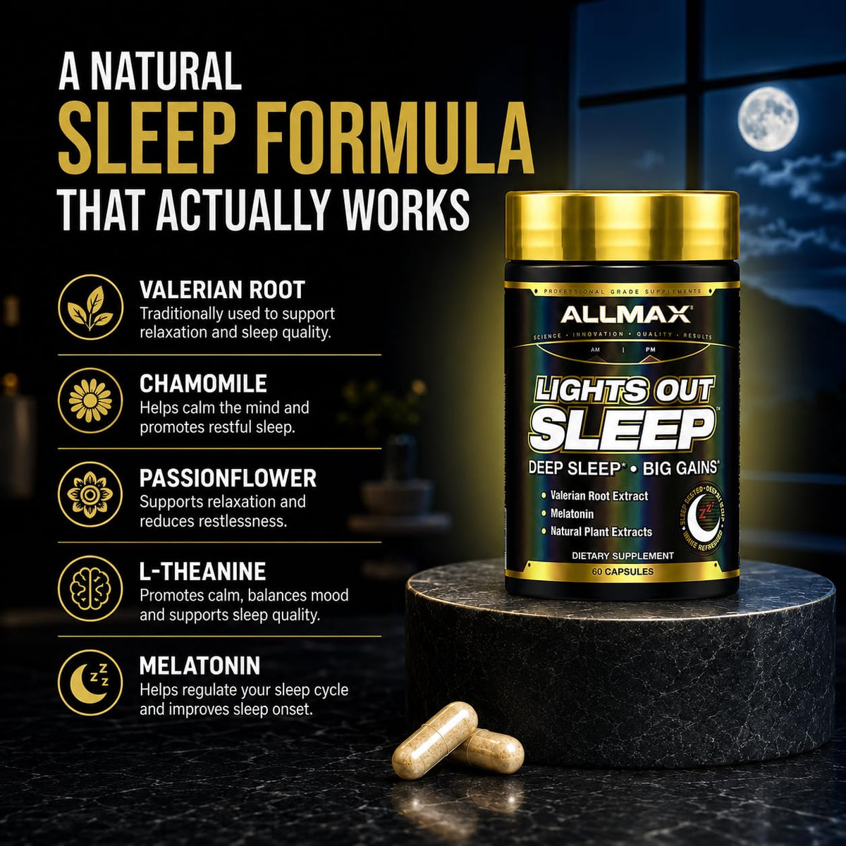 ALLMAX Lights Out Sleep Melatonin & Valerian Root - 60 Capsules - image 2