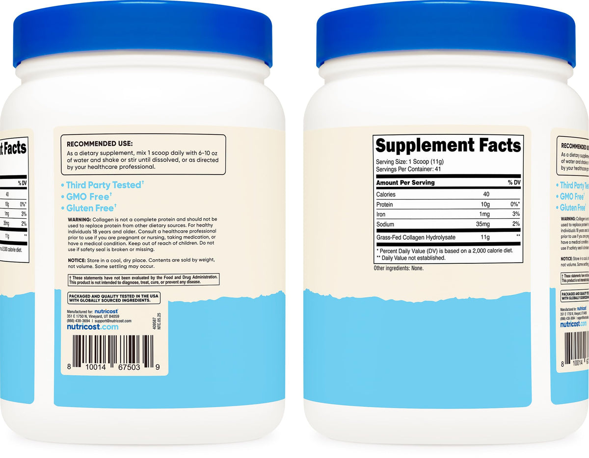 Nutricost Grass-Fed Collagen Powder 1LB (454 G) - Pure Grass Fed