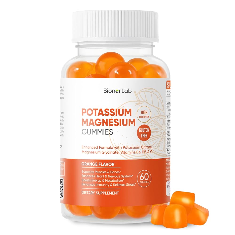 BionerLab Potassium Magnesium Gummies with Vitamin D3 B6 C - 60 Count