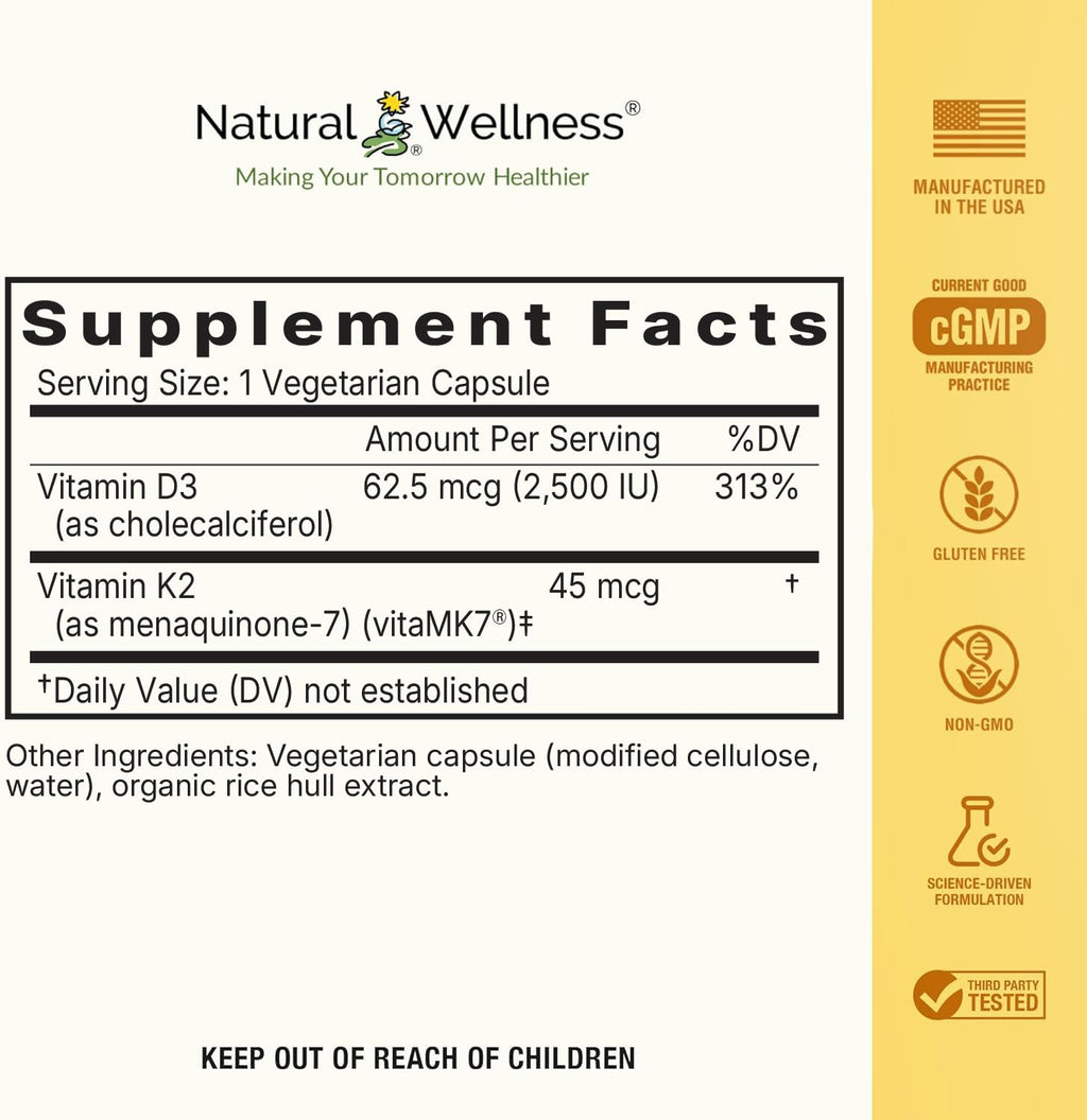 Natural Wellness Vitamin D3 + K2 2500 IU - 120 Capsules - image 2