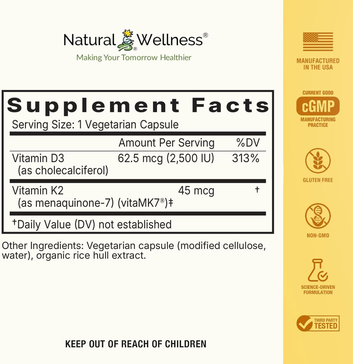 Natural Wellness Vitamin D3 + K2 2500 IU - 120 Capsules - image 2
