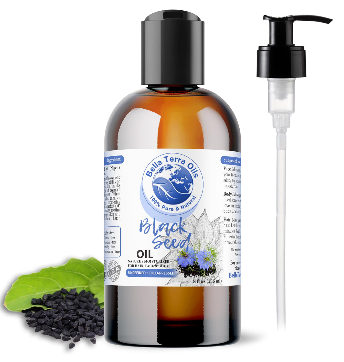 Bella Terra Oils - Black Seed Oil 8 oz - Cold-Pressed & Pure