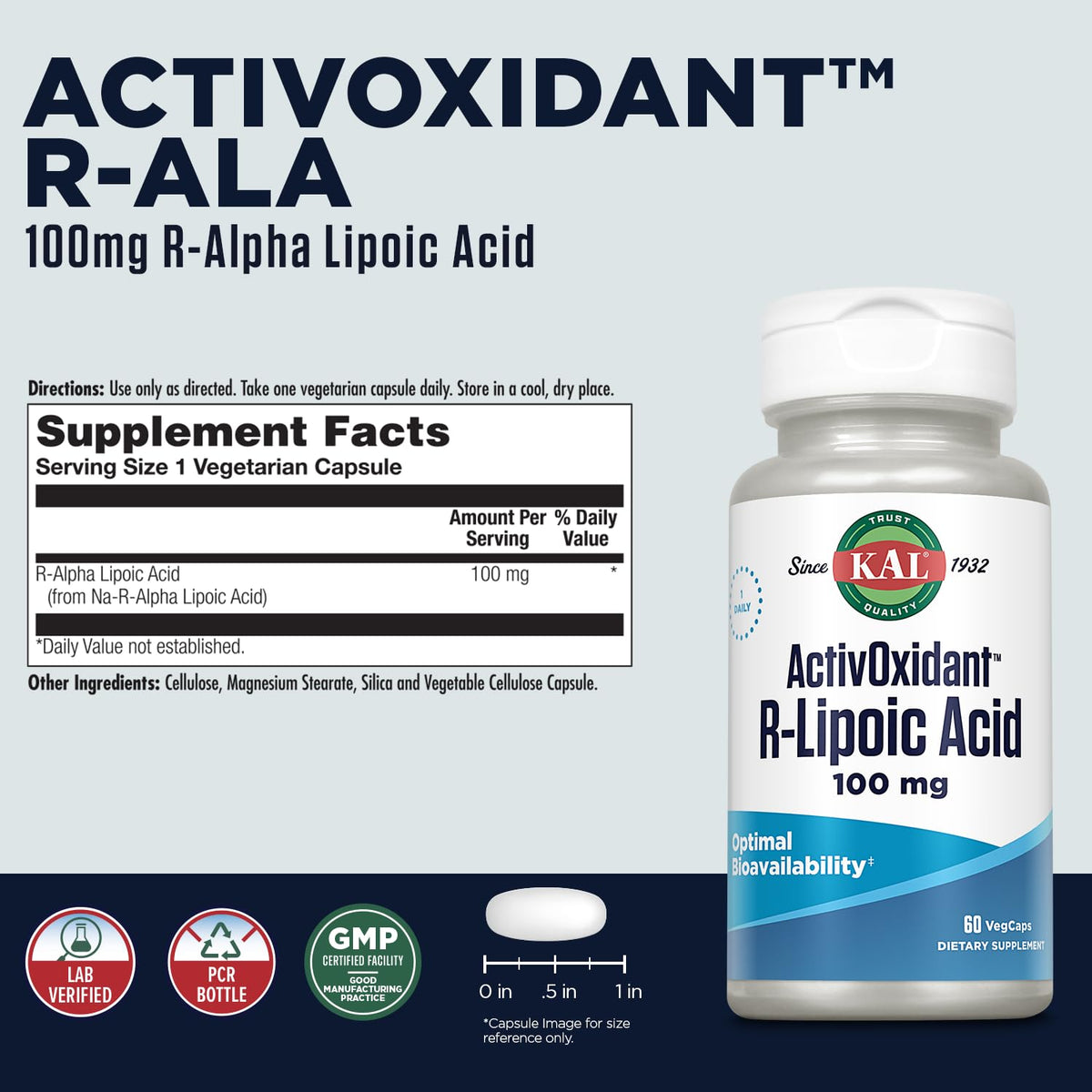 KAL R-Lipoic Acid ActivOxidant Vegetarian Capsules 100 mg - 60 Capsules - image 2