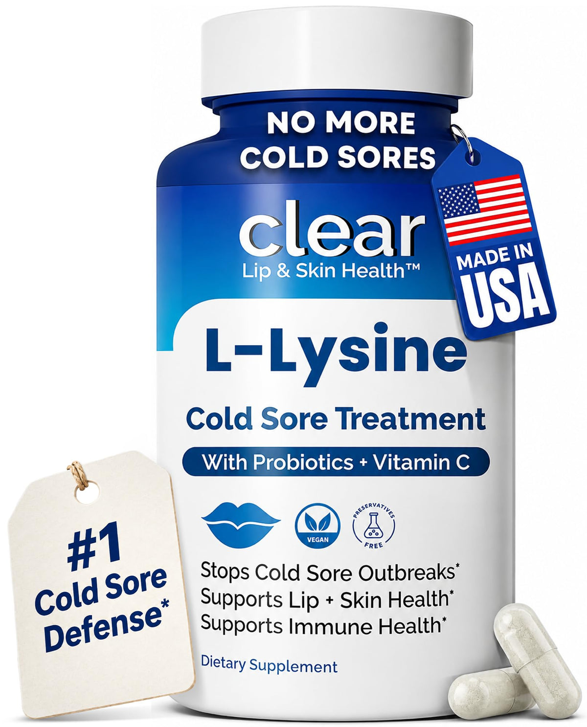 Clear Probiotics L-Lysine Cold Sore Treatment - 60 Capsules