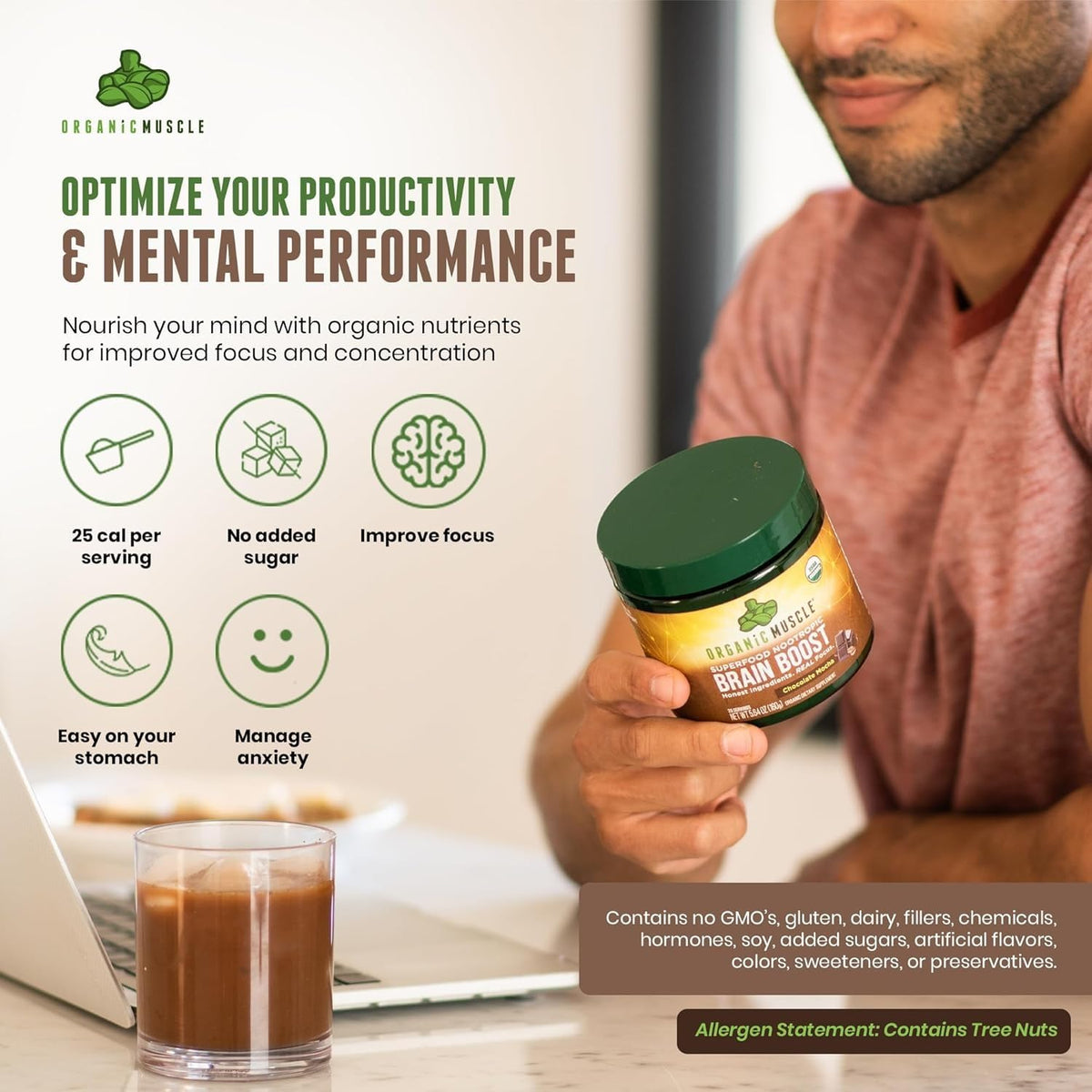 Organic Muscle Brain Boost Nootropics Powder Chocolate - 20 Servings - image 3