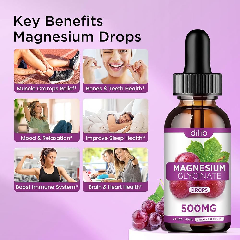 Magnesium Glycinate Liquid Drops, Magnesium Glycinate Supplement 500mg with Calcium, Zinc, Vitamin B6, D3, L-Theanine, Omega 3 for Sleep, Mood, Stress Relief, Bone, Muscle, Grape Flavor 2 Fl Oz - image 3