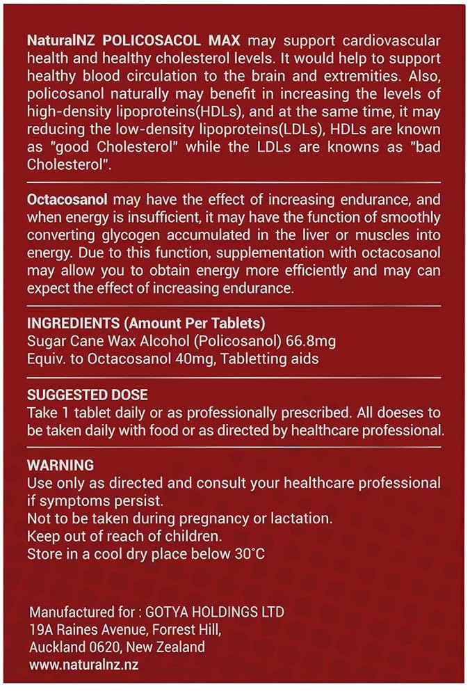 Natural NZ Policosanol Max 66.8mg (Otacosanol 40mg) 1-A-Day 60 Tablets