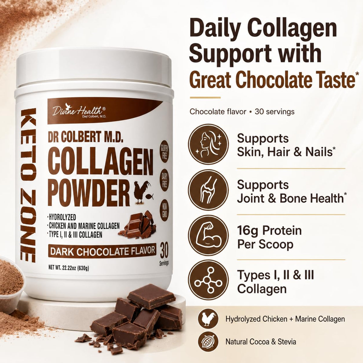Divine Health Dr. Colbert Hydrolyzed Collagen Powder Chocolate - 630g - image 3