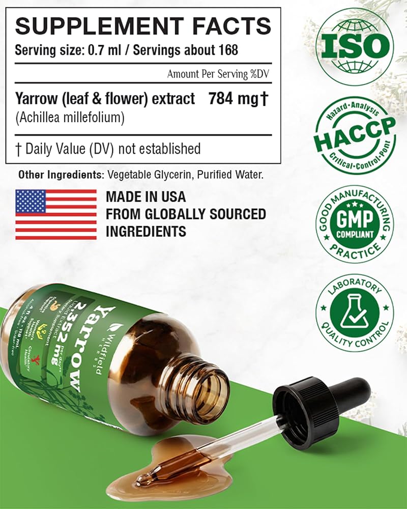 WILDFIELD HERBS 4 Oz Yarrow Extract Liquid Drops - Women’s Wellness & Digestive Support | 2 Month Supply | - Made in USA - Yarrow Herb Supplement - Alcohol & Sugar Free - image 2