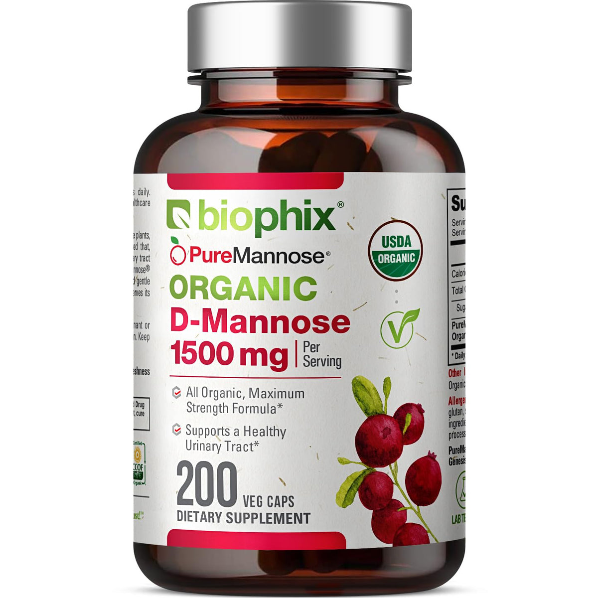biophix D-Mannose USDA Organic 1500 mg - 200 Vegetarian Capsules