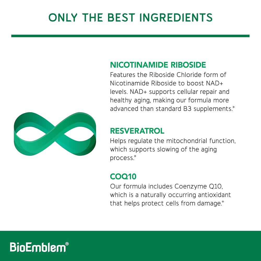 BioEmblem NAD+ 300mg Nicotinamide Riboside with CoQ10 - 45 Capsules - image 3