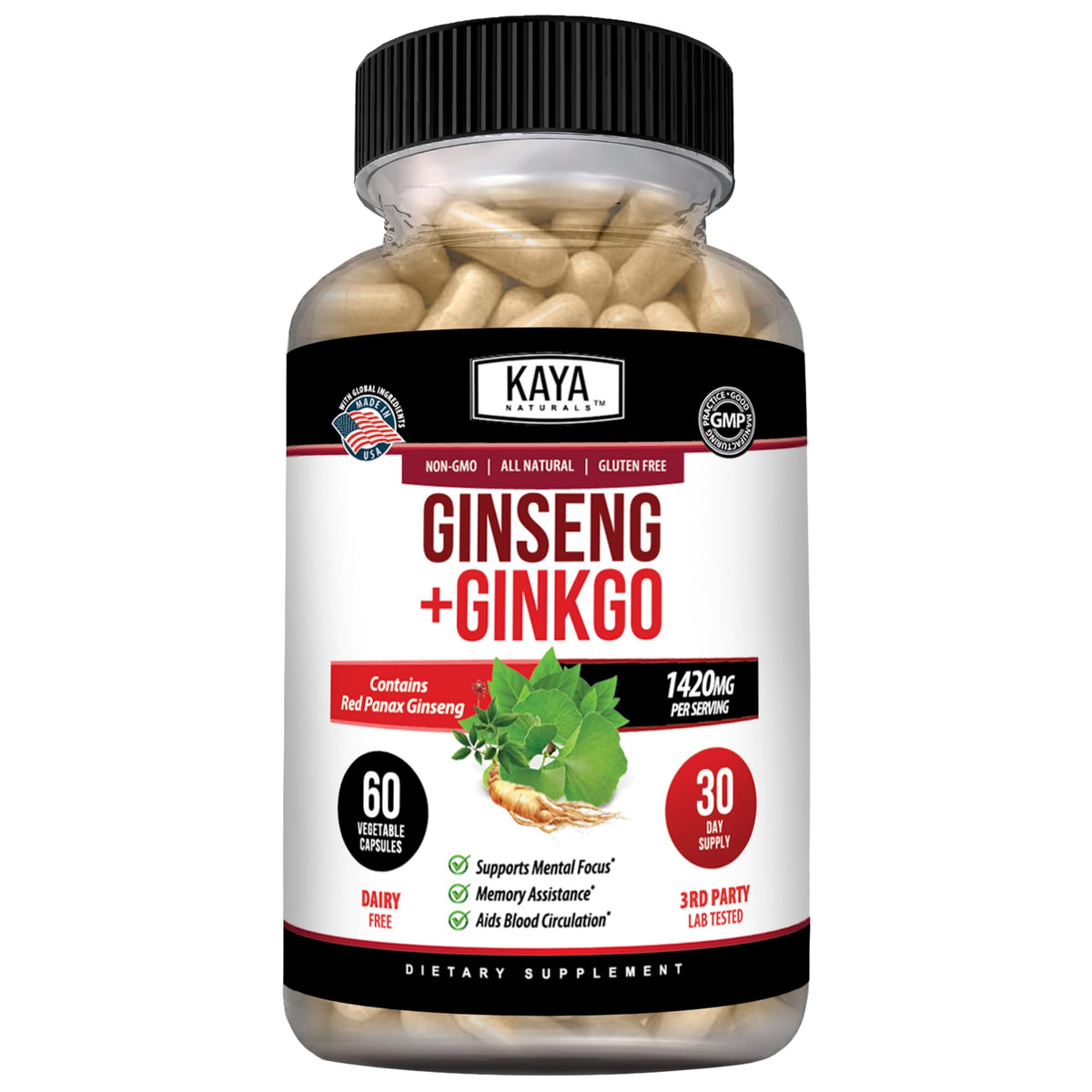 Kaya Naturals Red Panax Ginseng + Ginkgo Biloba