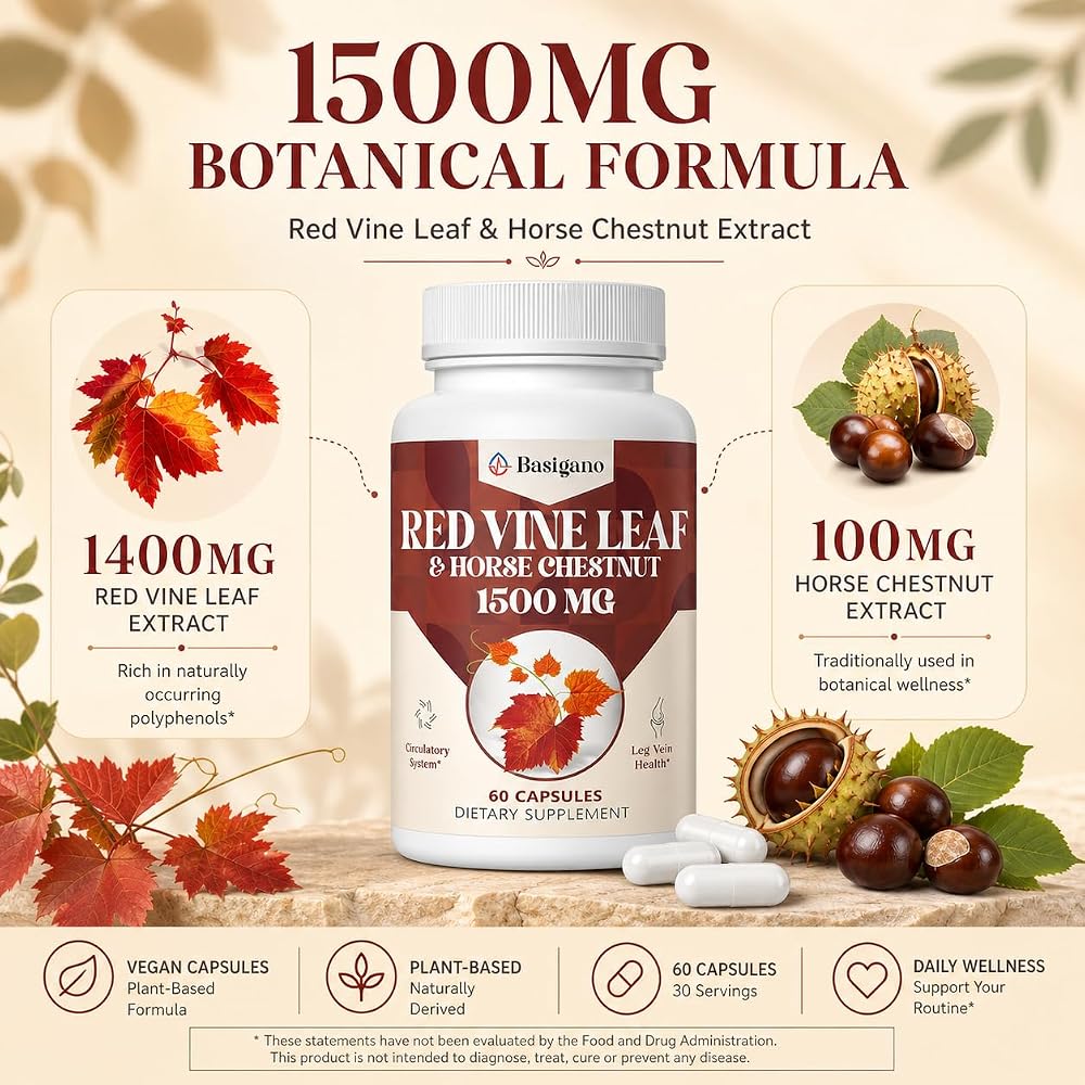 Basigano Red Vine Leaf & Horse Chestnut Extract - 120 Capsules - image 3