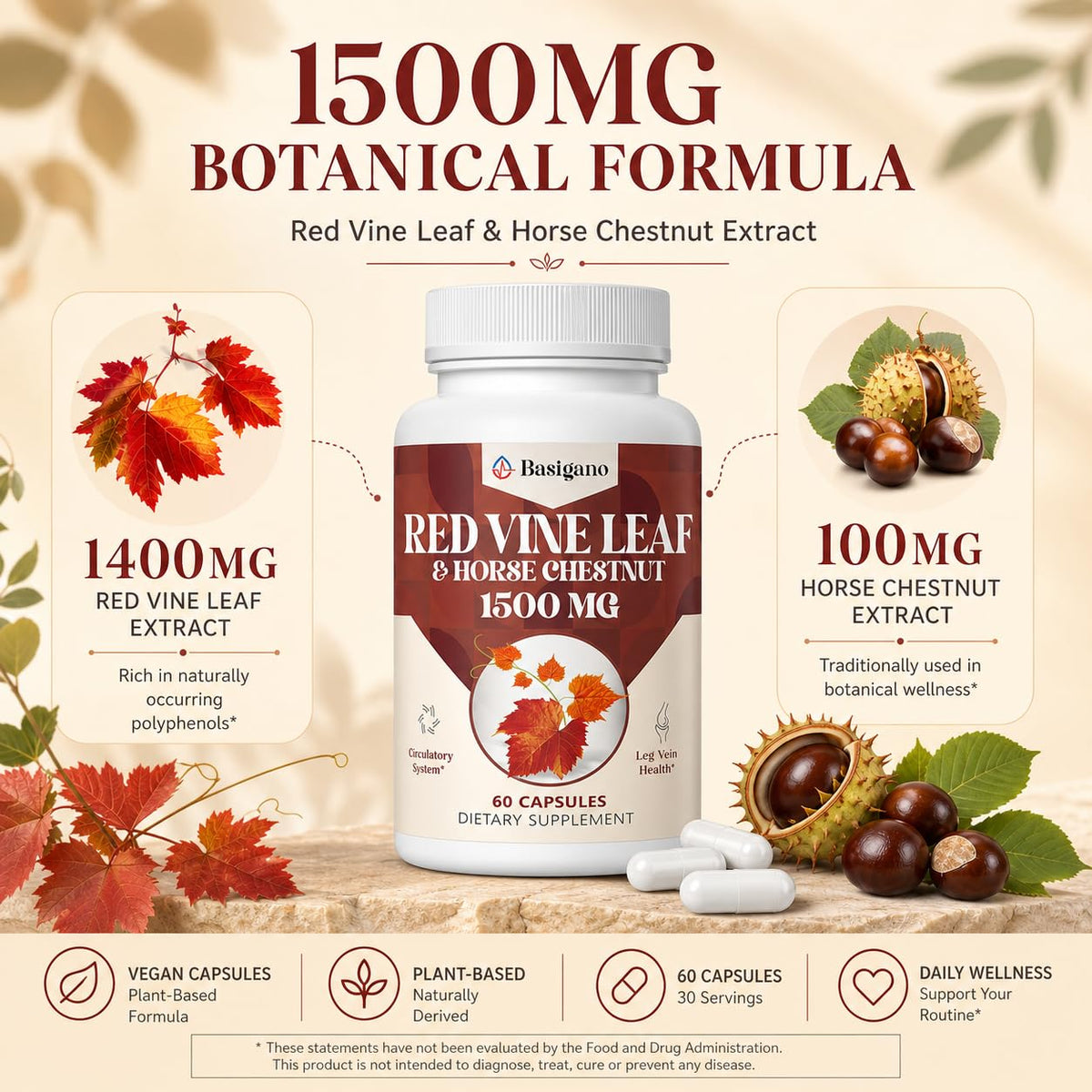 Basigano Red Vine Leaf & Horse Chestnut Extract - 60 Capsules - image 3