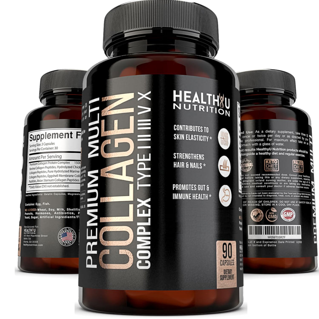HEALTHYU NUTRITION Multi Collagen Peptides Types I II III V X - 90 Capsules