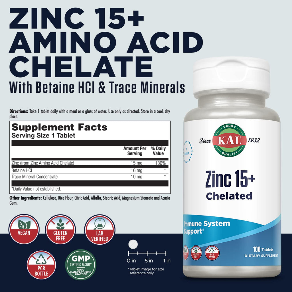 KAL Zinc 15mg Plus Betaine HCl and Trace Minerals - 100 Tablets - image 2