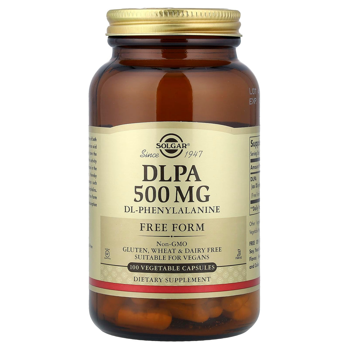 Solgar DLPA 500 mg Free Form Amino Acid - 100 Vegetarian Capsules