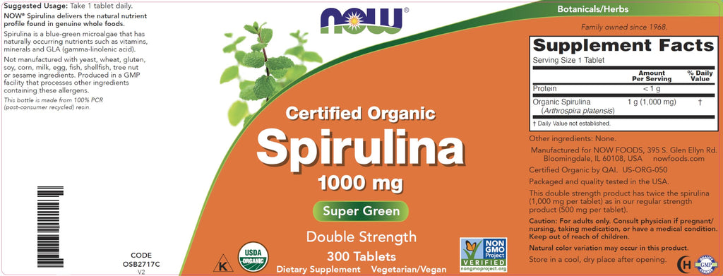 Now Supplements, Certified Organic, Spirulina 1000 mg (Double
