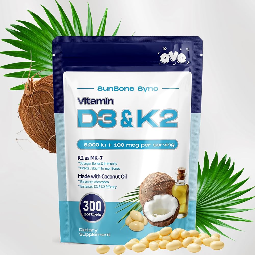 QVQ Vitamin D3 K2, 300 Softgels, Coconut Oil, Gluten-Free, Non-GMO
