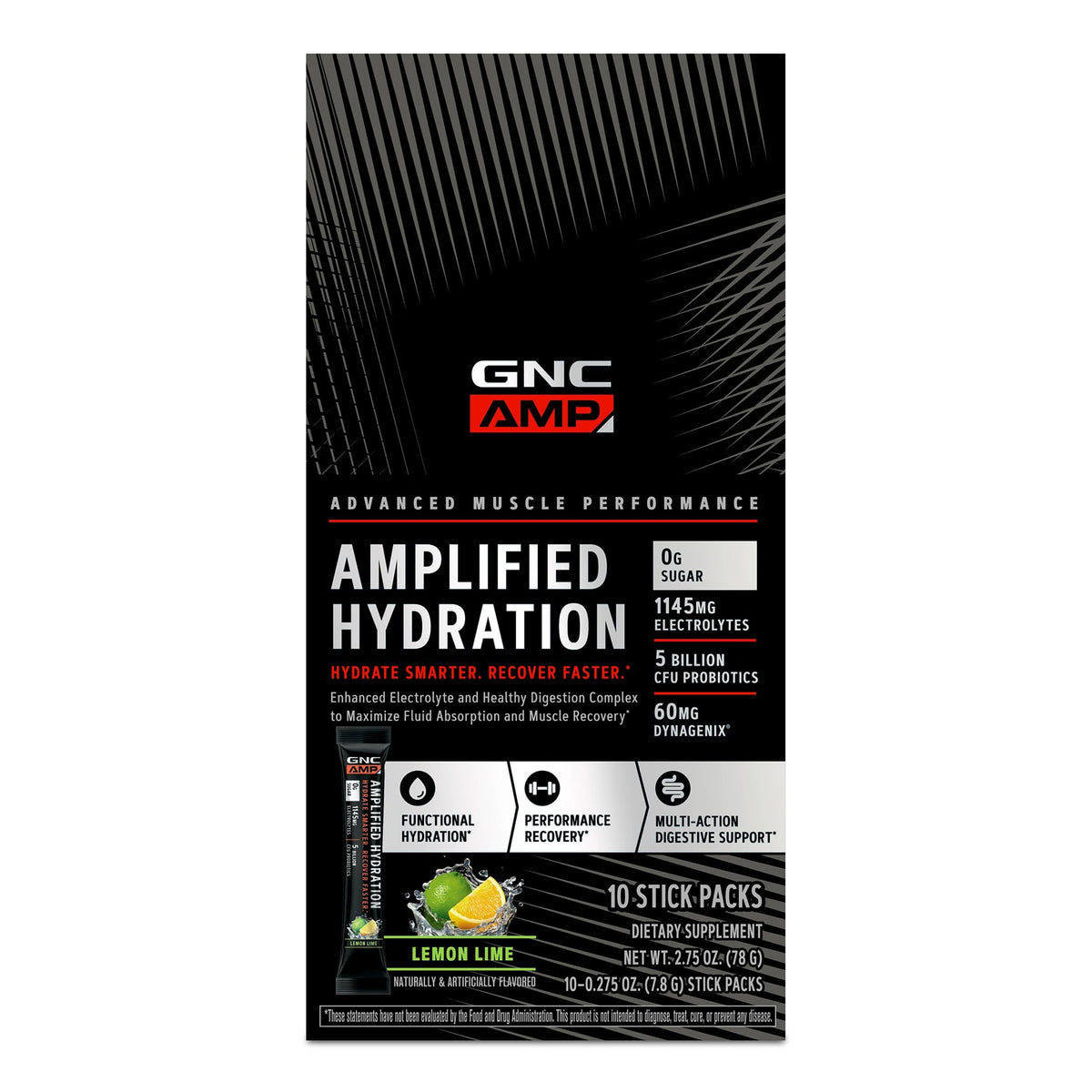 GNC AMP Amplified Hydration Lemon Lime - 10 Stick Packs