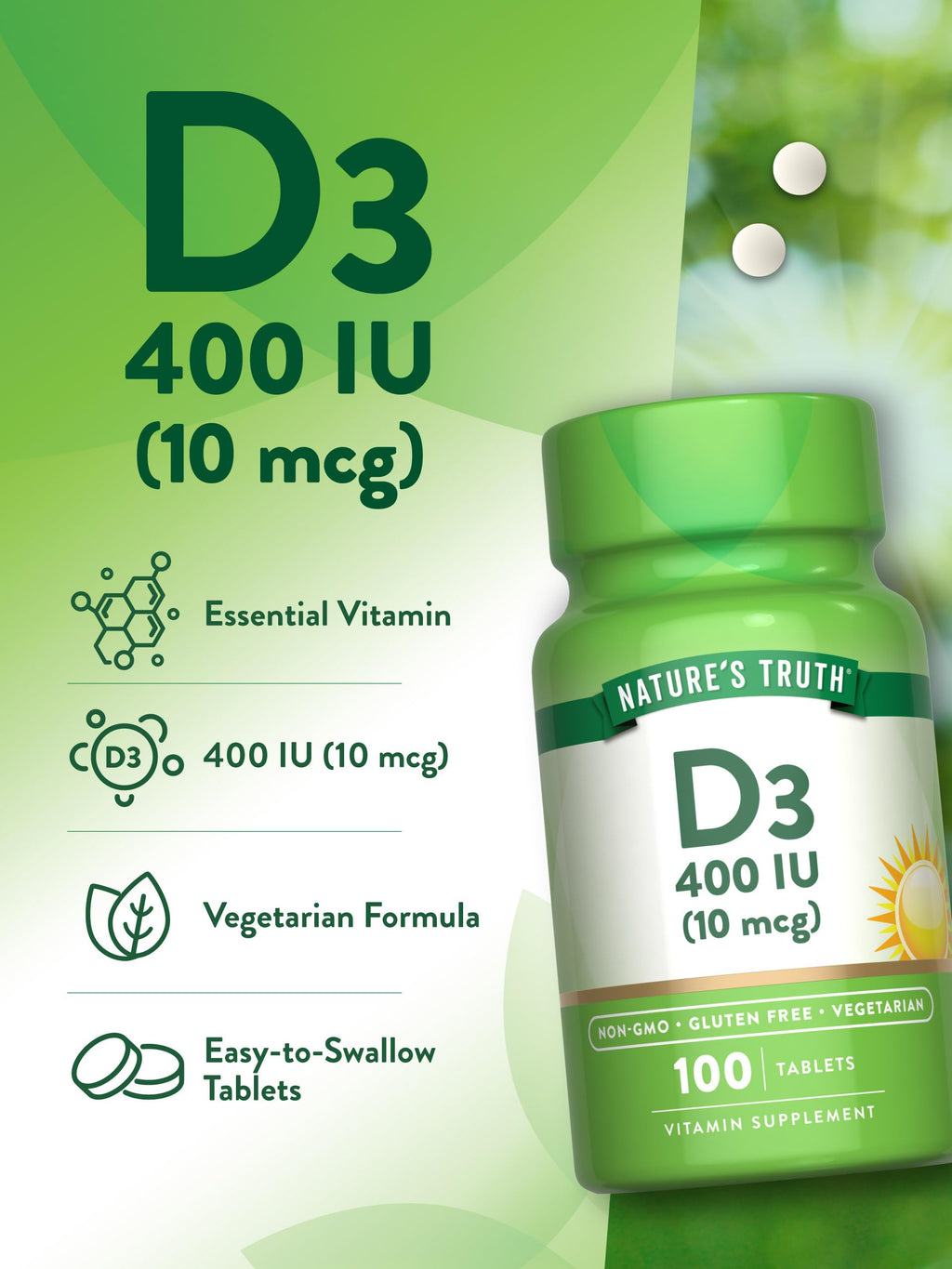 Nature's Truth Vitamin D3 400 IU - 100 Tablets - image 5