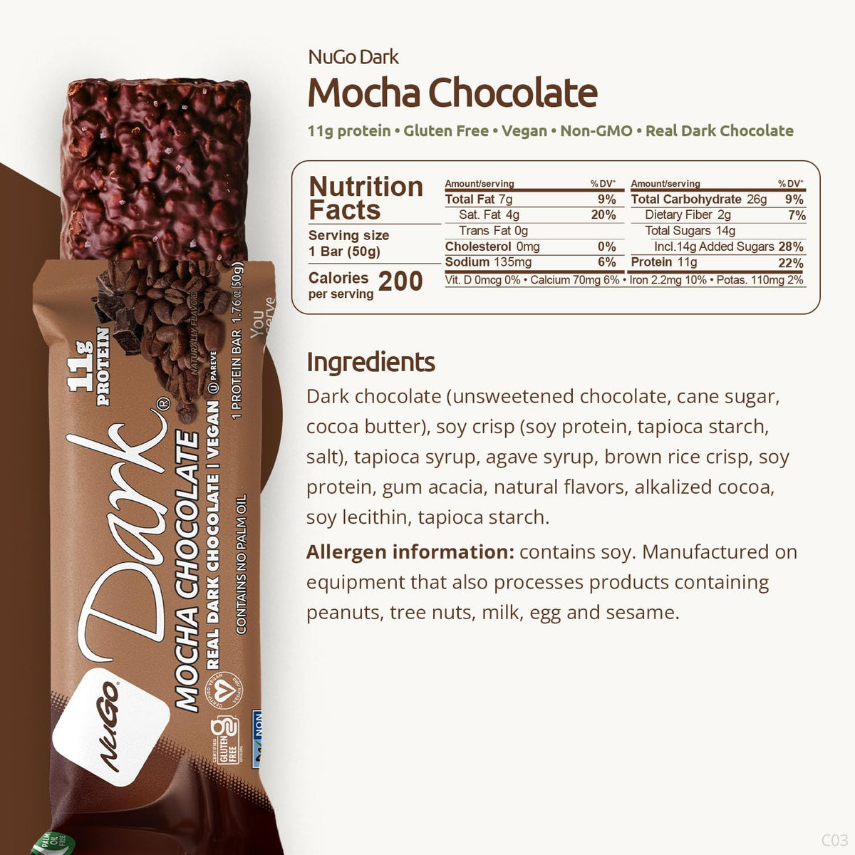 NuGo Dark Mocha Chocolate Vegan Protein Bar - 24 Count - image 3