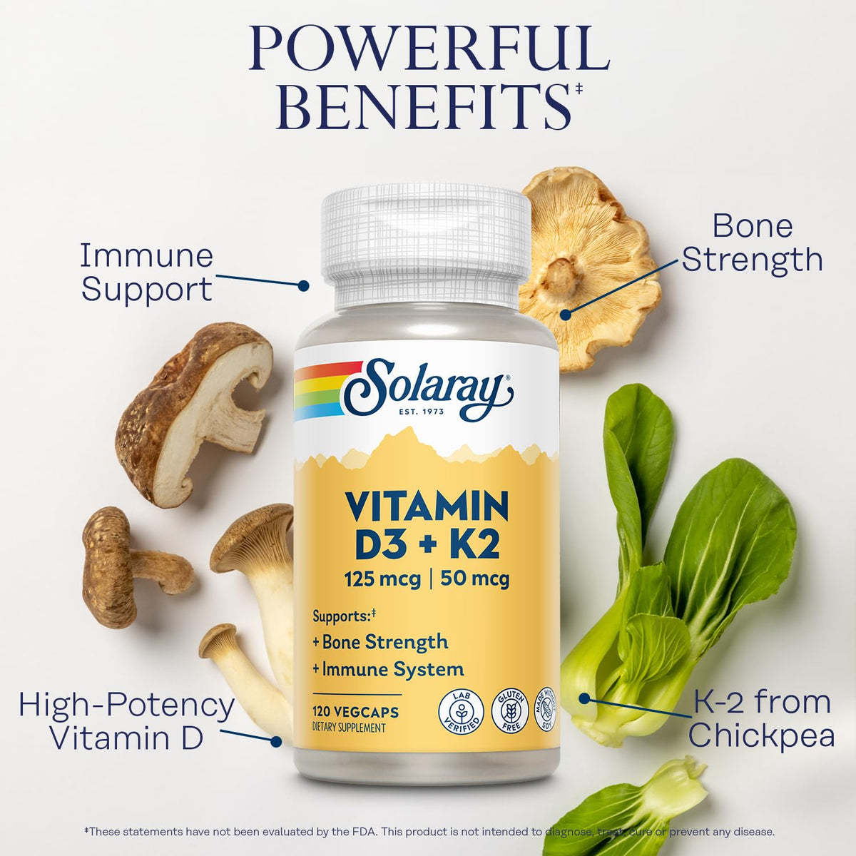 SOLARAY Vitamin D3 K2 5000 IU Bone Support - 120 Vegetarian Capsules - image 3