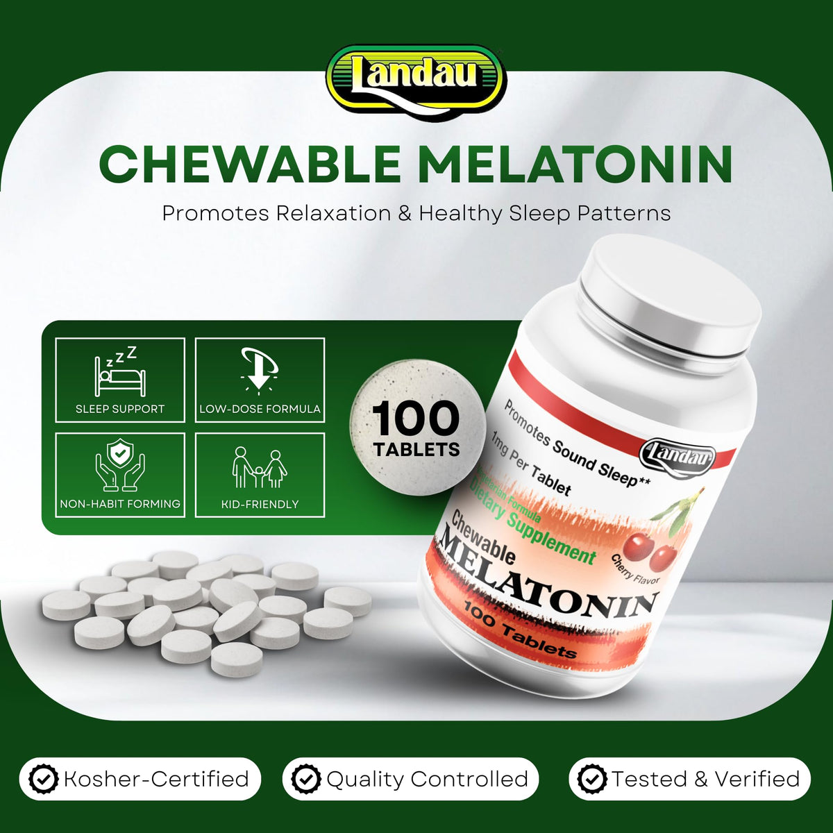 LANDAU Chewable Melatonin for Kids 1mg - 100 Tablets - image 2