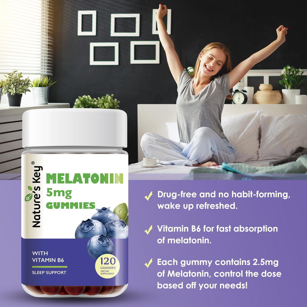 Nature's Key Melatonin 5mg Gummies with Vitamin B6 - 120 Count - image 5