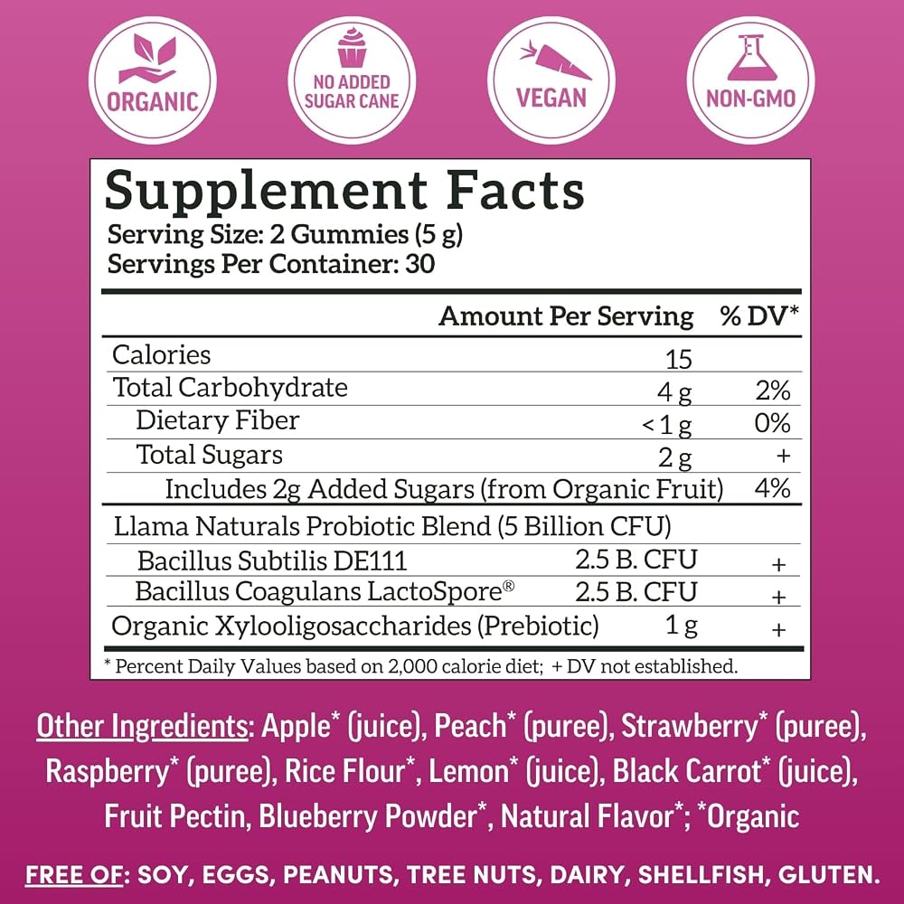 Llama Naturals Real Fruit Prebiotic & Probiotic Gummies for Adults