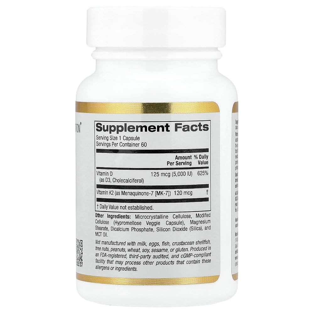 California Gold Nutrition Vitamin D3 + K2 MK-7 - 60 Veggie Capsules - image 2