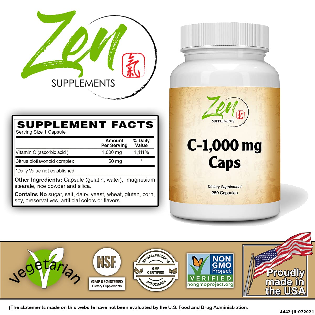 Zen Supplements Vitamin C 1000mg with Citrus Bioflavonoids - 250 Capsules - image 2