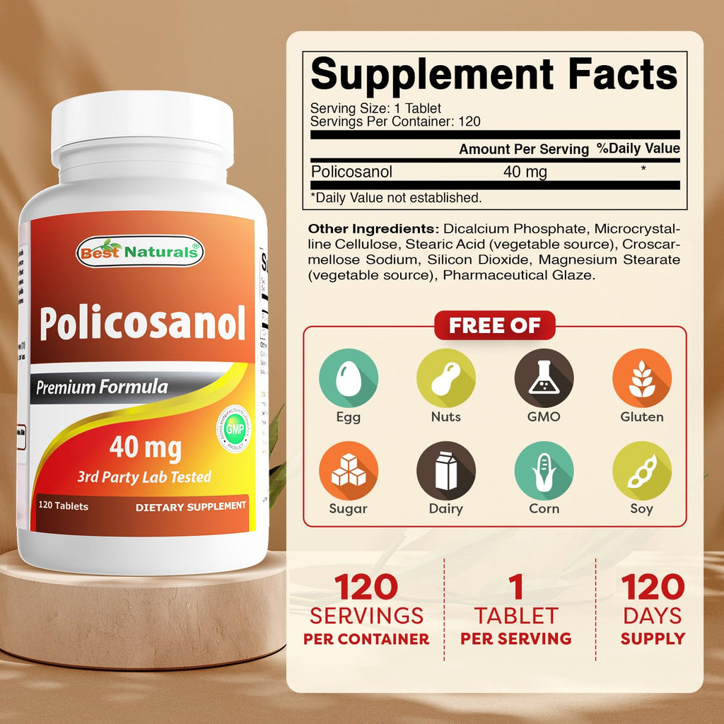 Best Naturals Policosanol 40mg Cardiovascular Support - 120 Tablets - image 2