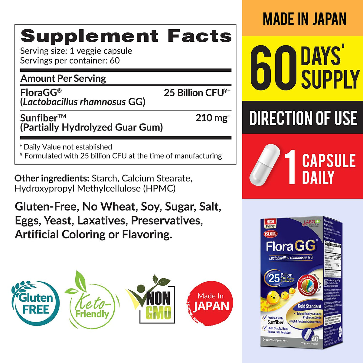 LABO Nutrition FloraGG 25 Billion CFU Probiotic & Sunfiber - 60 Capsules - image 2