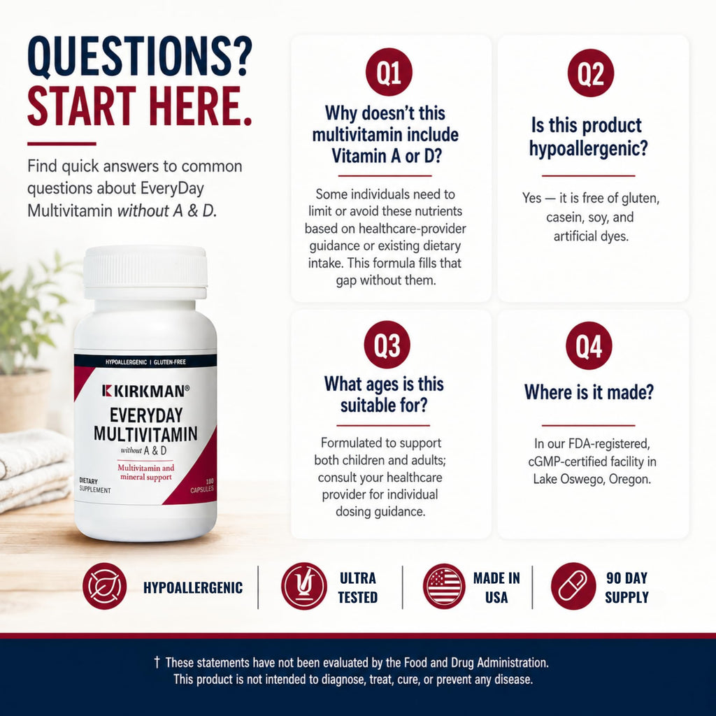 Kirkman Everyday Multivitamin Without Vitamins A & D - 180 Capsules - image 6