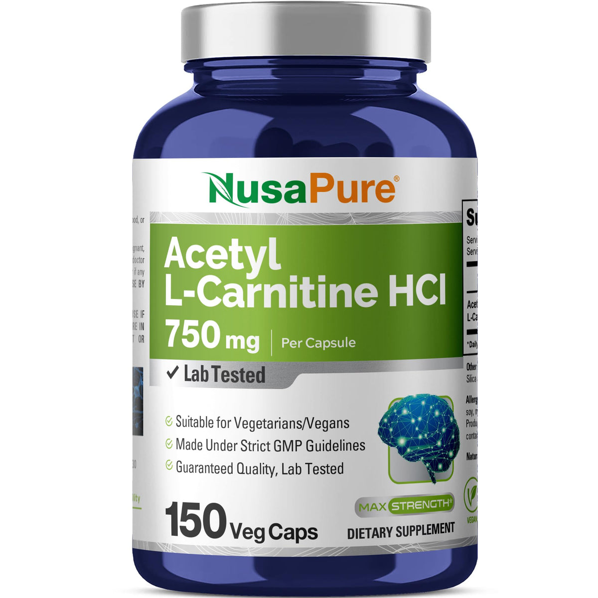 NusaPure Acetyl L-Carnitine HCL 750mg - 150 Vegetarian Capsules
