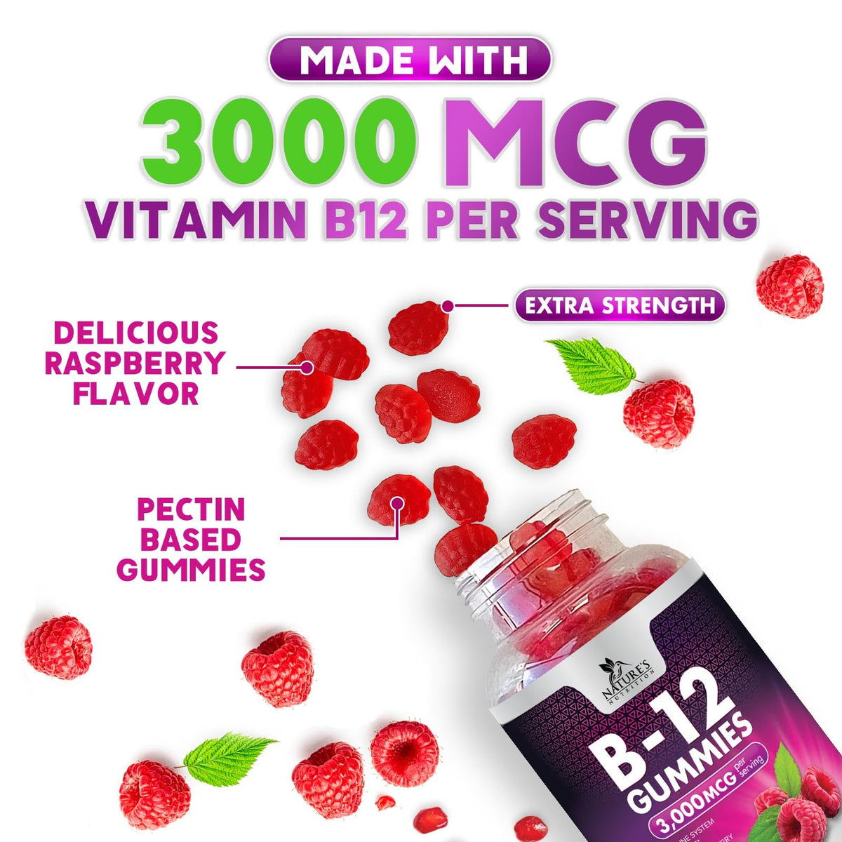 Nature's Nutrition B12 Energy Gummies 3000 mcg per Serving - Extra