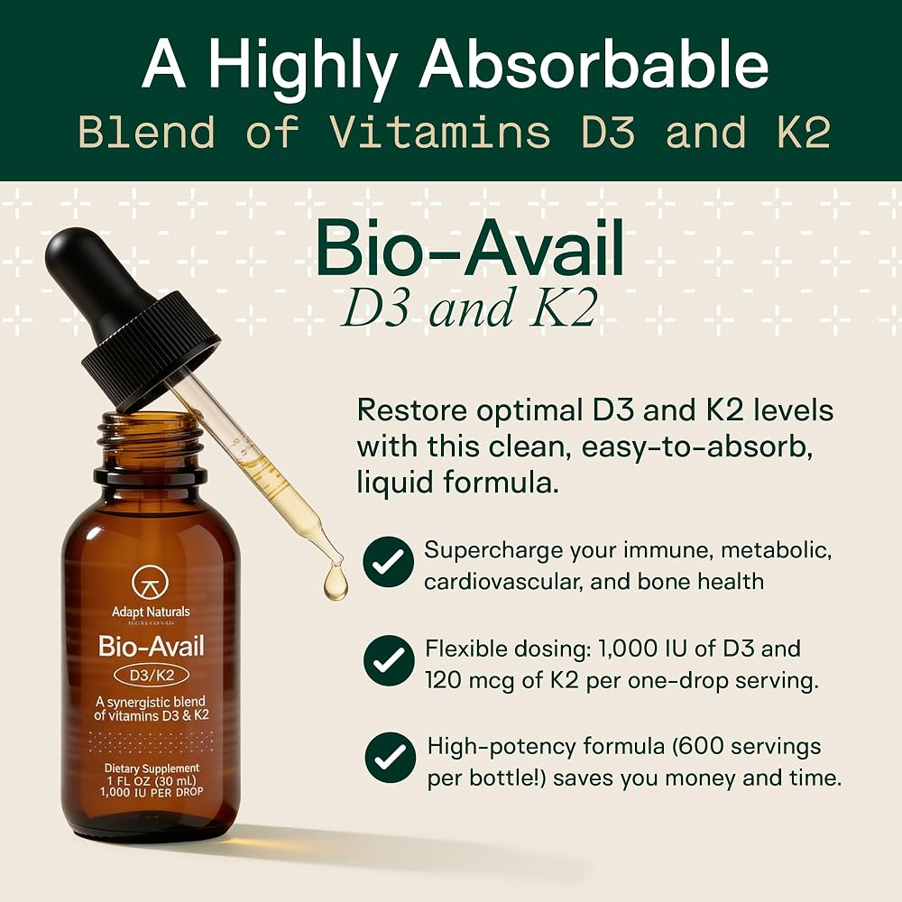Adapt Naturals Vitamin D3 K2 1000 IU with MCT Oil - 600 Servings - image 2