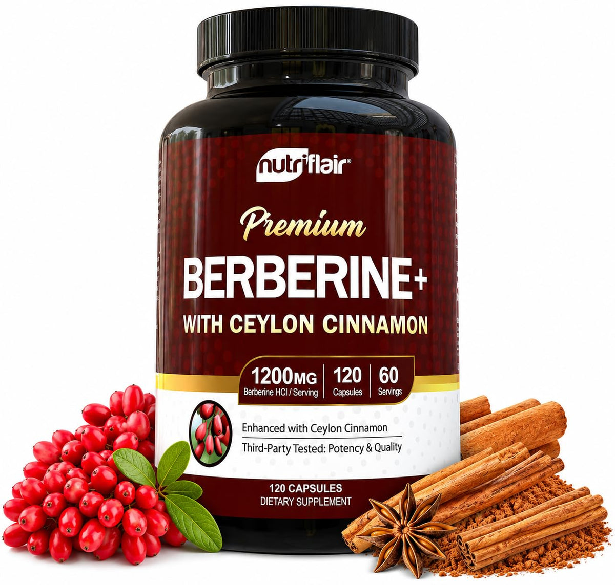 NutriFlair Berberine HCl 1200mg with Ceylon Cinnamon - 120 Capsules